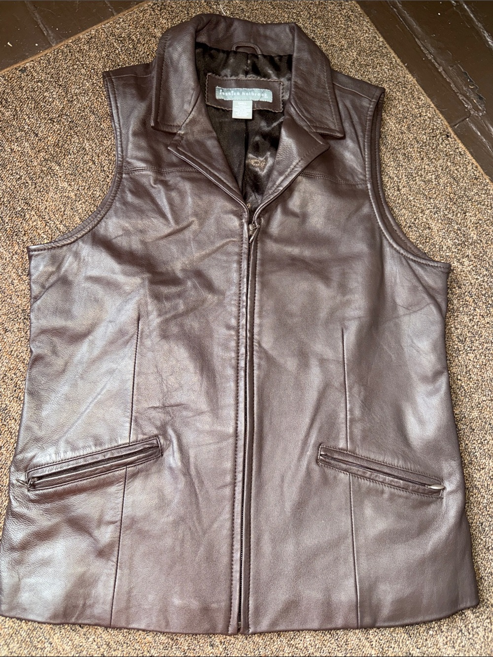 Gently Tailored Brown Leather Zip-Front Vest